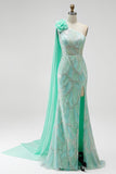 Robe de concours longue verte à paillettes, avec perles, fleurs 3D en tulle et drapé 3D
