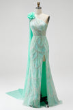 Robe de concours longue verte à paillettes, avec perles, fleurs 3D en tulle et drapé 3D