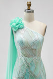 Robe de concours longue verte à paillettes, avec perles, fleurs 3D en tulle et drapé 3D