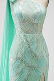 Robe de concours longue verte à paillettes, avec perles, fleurs 3D en tulle et drapé 3D