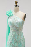 Robe de concours longue verte à paillettes, avec perles, fleurs 3D en tulle et drapé 3D