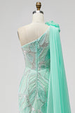 Robe de concours longue verte à paillettes, avec perles, fleurs 3D en tulle et drapé 3D