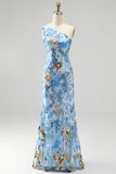 Robe longue de soirée bleue avec perles, à paillettes scintillantes, à une épaule