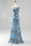 Robe longue de soirée bleue avec perles, à paillettes scintillantes, à une épaule