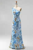 Robe longue de soirée bleue avec perles, à paillettes scintillantes, à une épaule