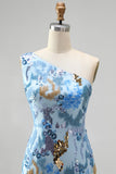 Robe longue de soirée bleue avec perles, à paillettes scintillantes, à une épaule