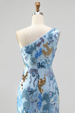 Robe longue de soirée bleue avec perles, à paillettes scintillantes, à une épaule