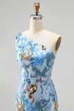 Robe longue de soirée bleue avec perles, à paillettes scintillantes, à une épaule