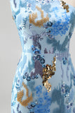 Robe longue de soirée bleue avec perles, à paillettes scintillantes, à une épaule