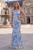 Robe longue de soirée bleue avec perles, à paillettes scintillantes, à une épaule