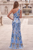 Robe longue de soirée bleue avec perles, à paillettes scintillantes, à une épaule