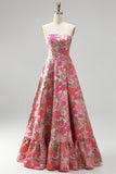 Robe de soirée longue sans bretelles en jacquard, avec volants à l'ourlet et motifs floraux