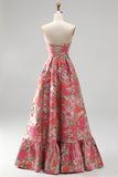 Robe de soirée longue sans bretelles en jacquard, avec volants à l'ourlet et motifs floraux