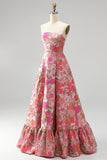 Robe de soirée longue sans bretelles en jacquard, avec volants à l'ourlet et motifs floraux
