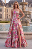 Robe de soirée longue sans bretelles en jacquard, avec volants à l'ourlet et motifs floraux