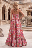 Robe de soirée longue sans bretelles en jacquard, avec volants à l'ourlet et motifs floraux