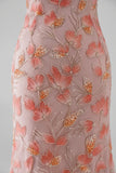 Robe de soirée rose avec appliqués, coupe sirène, à épaules dénudées, paillettes et perles, longue