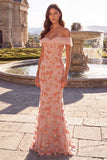 Robe de soirée rose avec appliqués, coupe sirène, à épaules dénudées, paillettes et perles, longue