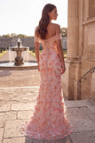 Robe de soirée rose avec appliqués, coupe sirène, à épaules dénudées, paillettes et perles, longue