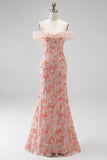 Robe de soirée rose avec appliqués, coupe sirène, à épaules dénudées, paillettes et perles, longue