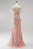 Robe de soirée rose avec appliqués, coupe sirène, à épaules dénudées, paillettes et perles, longue