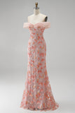 Robe de soirée rose avec appliqués, coupe sirène, à épaules dénudées, paillettes et perles, longue