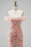Robe de soirée rose avec appliqués, coupe sirène, à épaules dénudées, paillettes et perles, longue