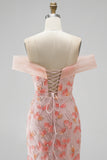Robe de soirée rose avec appliqués, coupe sirène, à épaules dénudées, paillettes et perles, longue