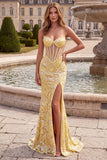 Robe de soirée jaune avec corset, coupe sirène, détails transparents, broderie, longue, sans bretelles, avec fente