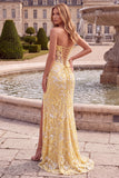Robe de soirée jaune avec corset, coupe sirène, détails transparents, broderie, longue, sans bretelles, avec fente