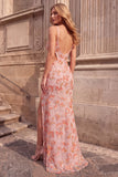 Robe de soirée rose avec broderie florale, coupe sirène, paillettes, découpes, longue, à fines bretelles