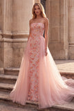 Robe de soirée longue sans bretelles, avec broderie, ligne A et drapé en tulle