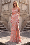 Robe de soirée longue à fines bretelles, à col carré, rose, coupe sirène