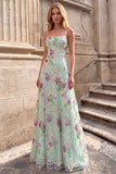 Robe de soirée longue à paillettes, motifs floraux, vert clair, à fines bretelles