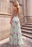 Robe de soirée longue à paillettes, motifs floraux, vert clair, à fines bretelles