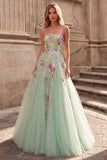 Robe de soirée longue à motifs floraux en tulle vert clair, ligne A
