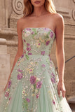 Robe de soirée longue à motifs floraux en tulle vert clair, ligne A