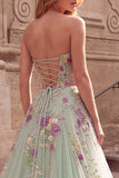 Robe de soirée longue à motifs floraux en tulle vert clair, ligne A
