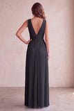 Robe longue de mariage noire à col en V plissé