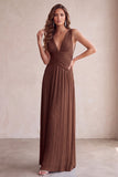 Robe longue de mariage noire à col en V plissé
