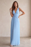Robe longue de mariage noire à col en V plissé