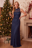 Robe longue d’invitée de mariage en laille à fourreau bleu foncé