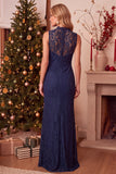 Robe longue d’invitée de mariage en laille à fourreau bleu foncé