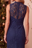 Robe longue d’invitée de mariage en laille à fourreau bleu foncé