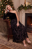 Robe de fête de fête de fêtes en velours noir en A-line à une épaule fleurie