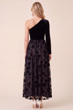 Robe de fête de fête de fêtes en velours noir en A-line à une épaule fleurie
