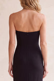 Robe de cérémonie midi en maille, sans bretelles, coupe fourreau, noire, à col V, avec poches