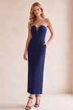 Robe de cérémonie midi en maille, sans bretelles, coupe fourreau, noire, à col V, avec poches