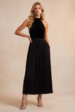Robe de fête de fête midi plissée en velours noir en ligne A avec poches