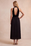 Robe de fête de fête midi plissée en velours noir en ligne A avec poches